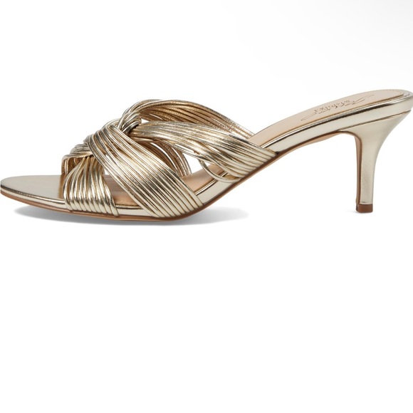 Jewel Badgley Mischka Mia Twisted Gold Leather Mules, size 8.5, NEW w/ box - Picture 2 of 7